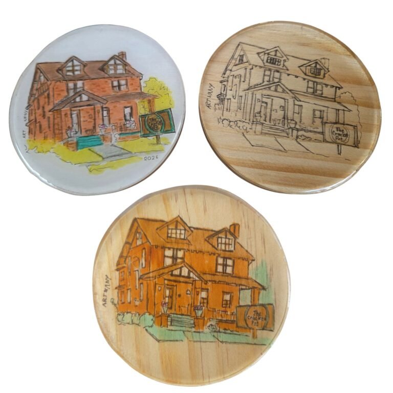 Three custom hand-painted coasters featuring colorful illustrated designs
