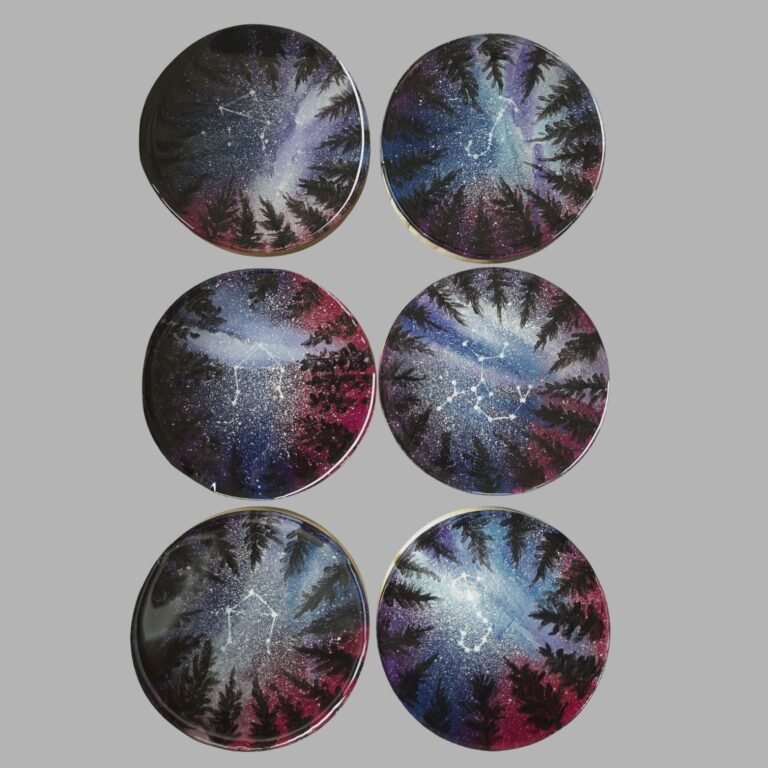 Six hand-painted abstract coasters displayed as a coordinated collection